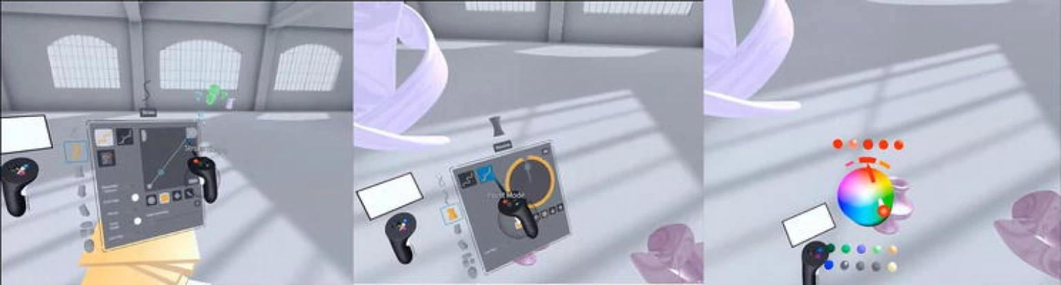 Zrzuty z Gravity Sketch Co-Creation pokazujące wirtualne pomieszczenie, kontrolery, menu narzędzi i tworzone bryły 3D.
