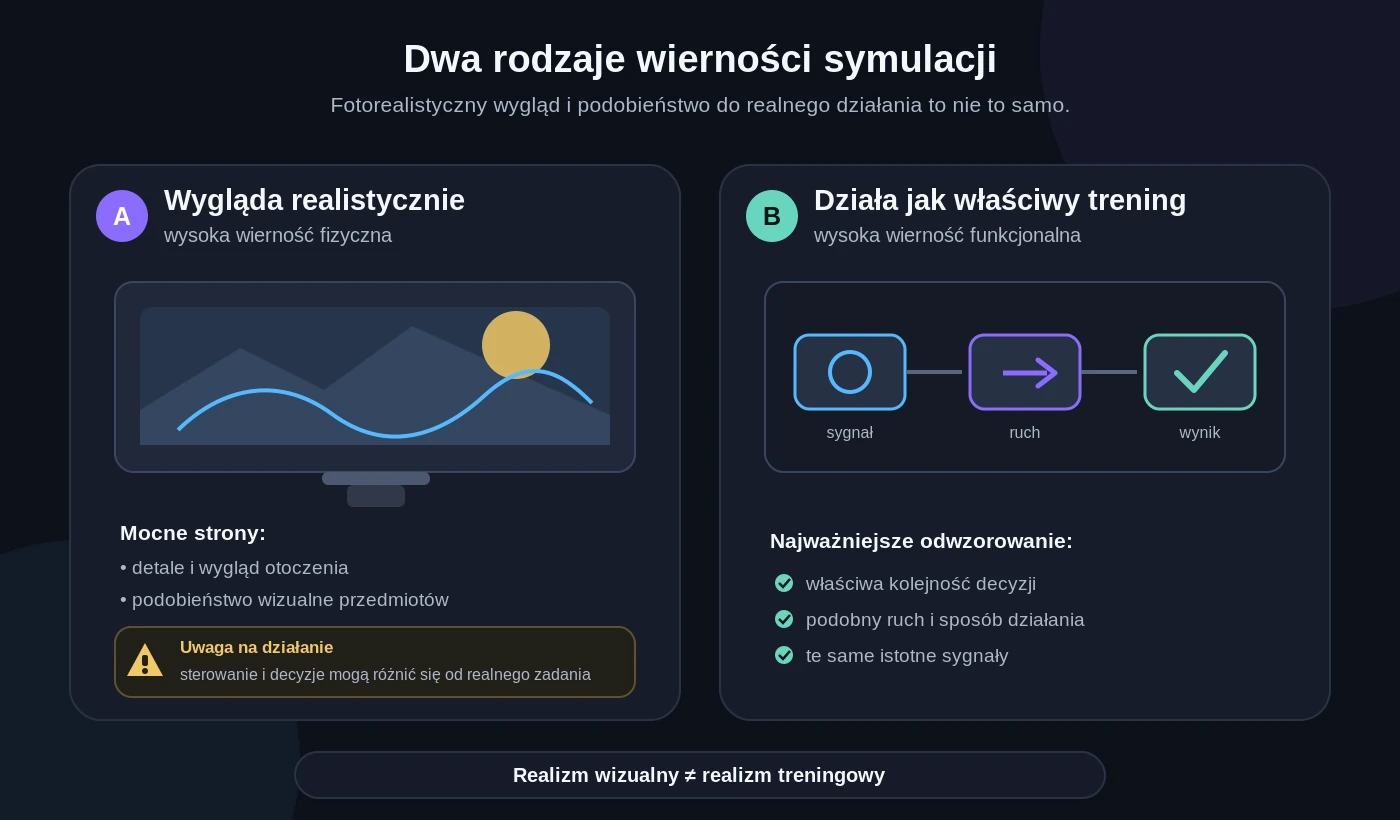 Dwa schematy porównujące realistyczny wygląd symulacji z poprawnym odwzorowaniem decyzji, ruchów i sygnałów potrzebnych w realnym zadaniu.