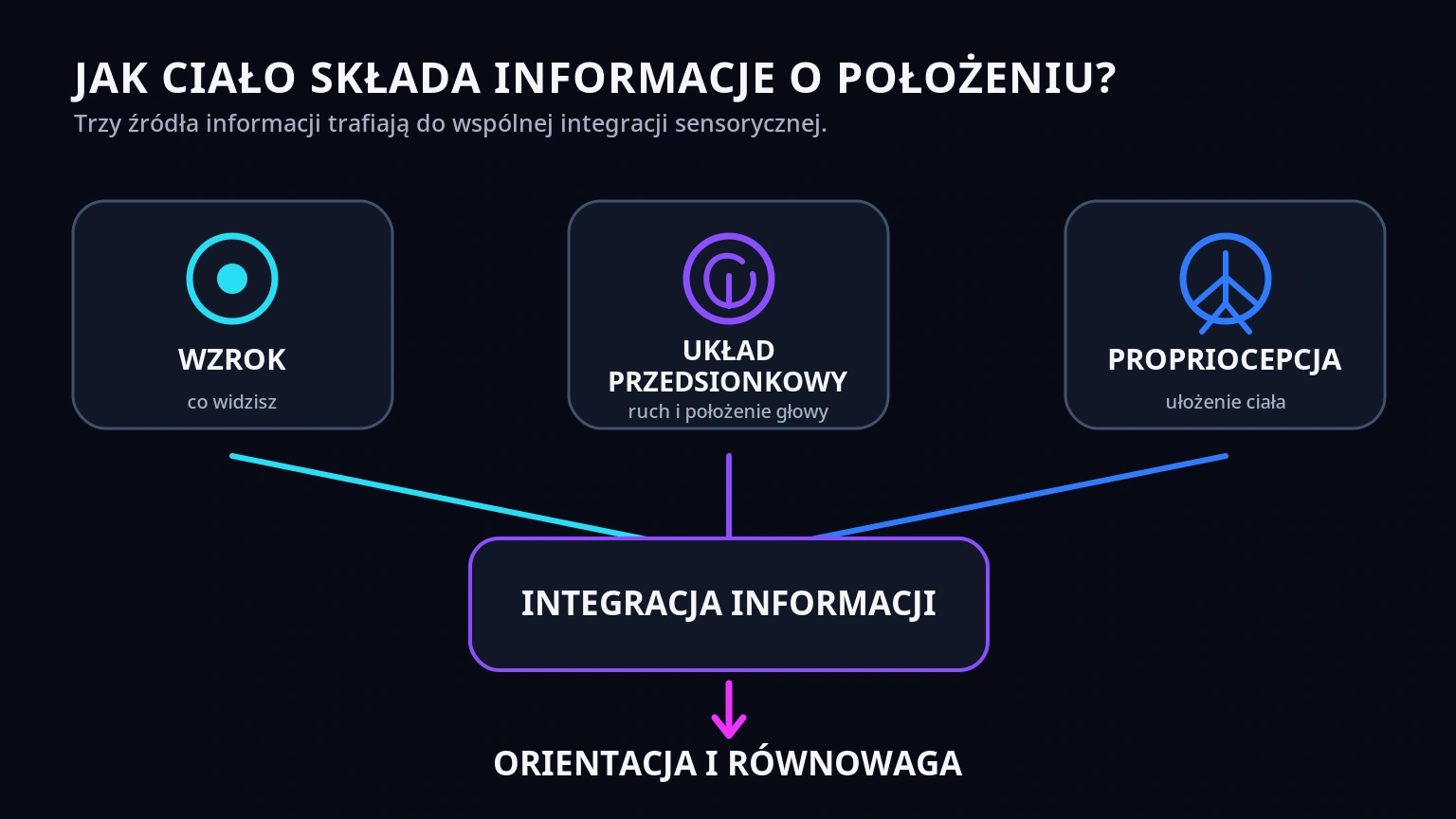 Schemat pokazujący wzrok, układ przedsionkowy i propriocepcję jako trzy źródła informacji wspierające orientację i równowagę.