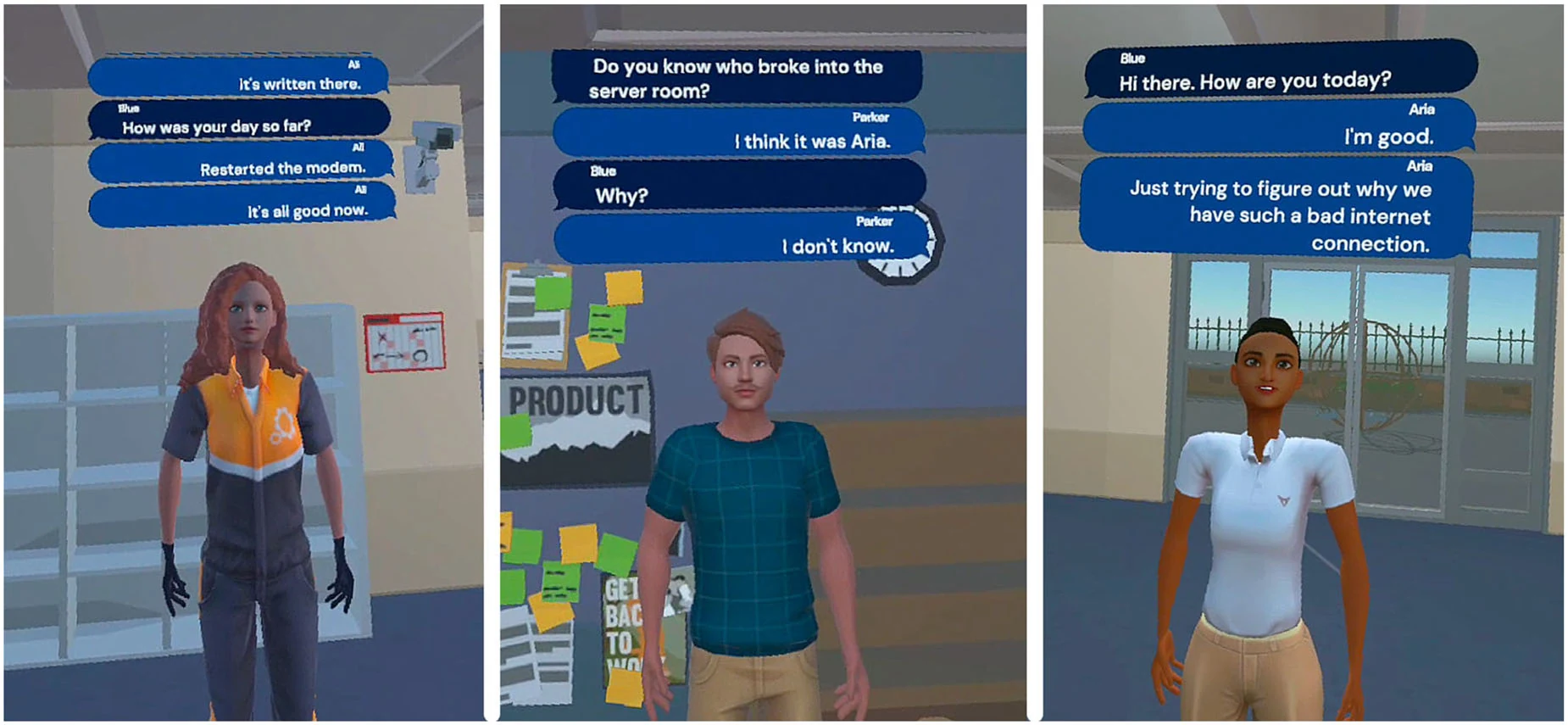 Trzy zrzuty z gry VR Office Whispers przedstawiające wirtualne postacie NPC w biurze z niebieskimi polami transkrybowanej rozmowy nad ich głowami.